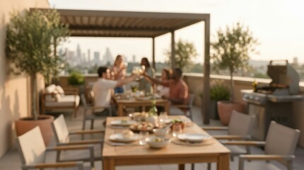 Fototapeta premium blurred wide angle shot of friends celebrating an evening dinner on a luxury rooftop patio with city skyline view