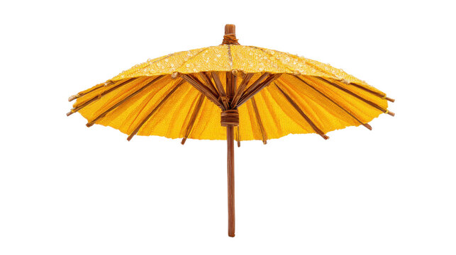 Traditional handcrafted yellow paper parasol featuring bamboo frame offering elegant Asian cultural decoration and stylish sunshade on white background