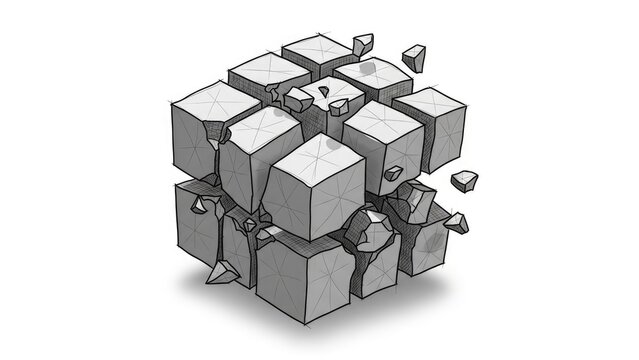 Exploding 3D stone cube breaking into small pieces.