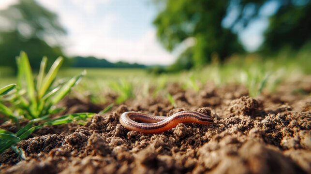 A slender, brown worm rests on the earth, surrounded by green grass and a blue sky.