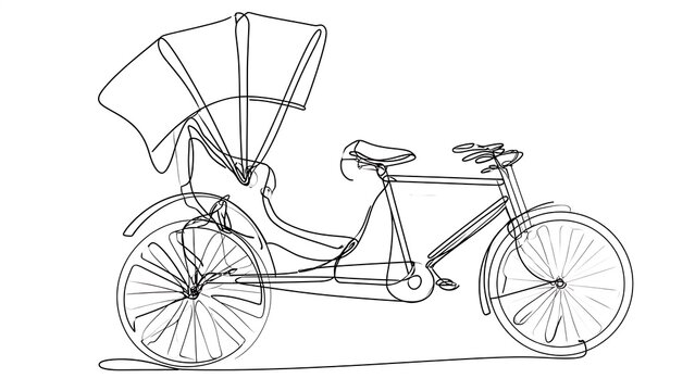 Vintage tricycle rickshaw sketch white background.