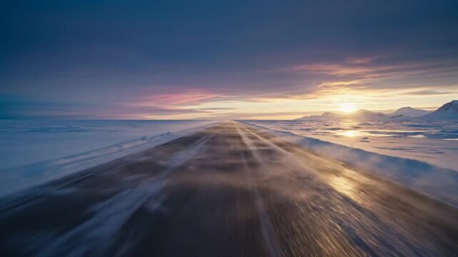 Wide angle point of view shot of a long straight asphalt road crossing a flat frozen tundra during a winter sunset with blowing snow and distant mountains under a colorful sky.