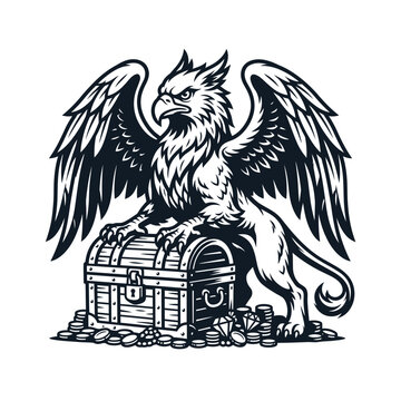 Gryphon guarding treasure chest closely.