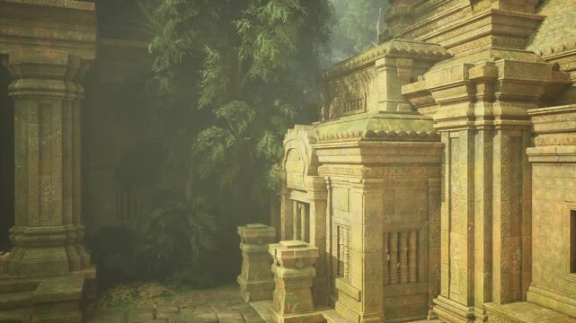 Sunlit ornate column textured with carvings, deep shadow pockets emphasize relief patterns and surface erosion, closeup view of stonework, lichen and moss
