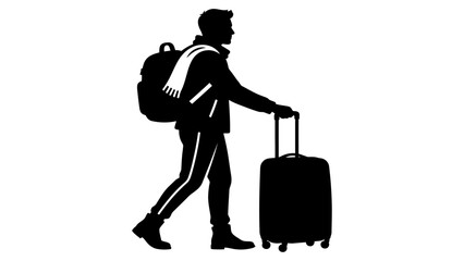 Traveler stands with a rolling suitcase and backpack to represent the concept of modern tourism. © adnan