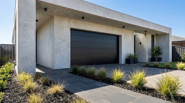 A sleek and contemporary residential exterior showcases minimalist architecture with a dark garage door, textured concrete walls, and simple yet elegant landscaping under a bright, clear sky