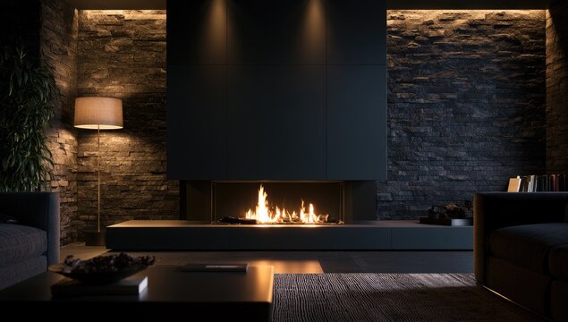 Cozy modern living room with fireplace, ambient lighting, and stone wall