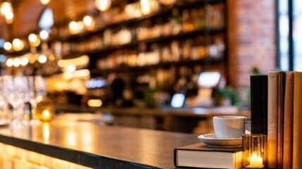 Obraz premium Cozy cafe interior with blurred background, warm lighting, books and a cup on a counter