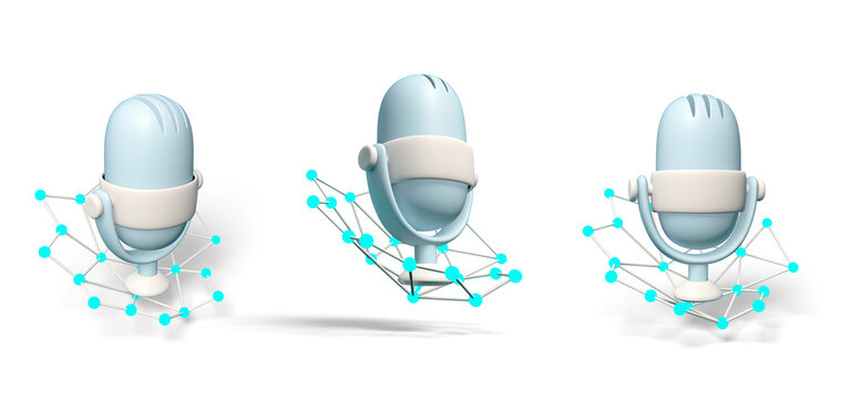 3D render of AI microphone with neural network. Matte white retro mic with cyan neon nodes. Concept for artificial intelligence, voice assistant, speech recognition, podcast and machine learning