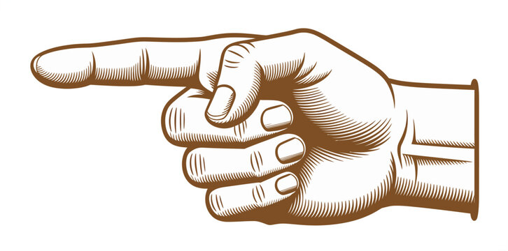 Hand pointing left engraved illustration, vintage vector collection featuring directional hand signs, arrow gestures, retro pointing symbols, and classic navigation icons ideal for signage, labels, 