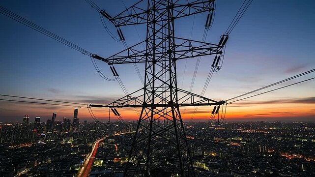 A large metal electricity pylon stands tall over a sprawling urban city at sunset