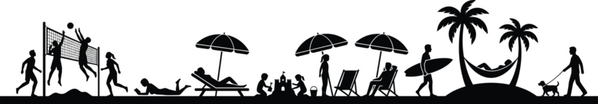 Beach silhouettes with people playing volleyball, sunbathing under umbrellas, surfing, building sandcastles, walking a dog, relaxing on hammock