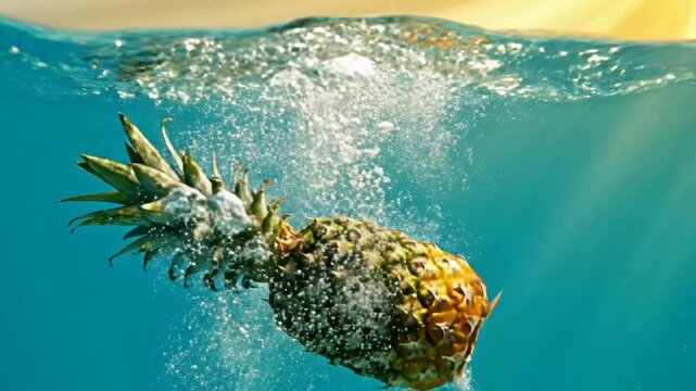 Tropical Pineapple Falling Into Clear Blue Water with Dramatic Splash and Bubbles