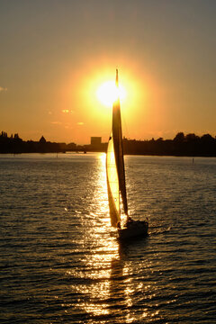 Bodensee, Segelboot in der Abendsonne bei Konstanz