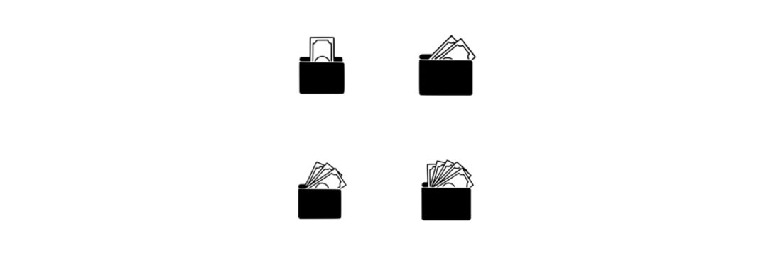 Four Black Wallets Arranged in a 2x2 Grid, Each with a Different Stack of Items Inside Featuring Wallet, Arrangement, Money