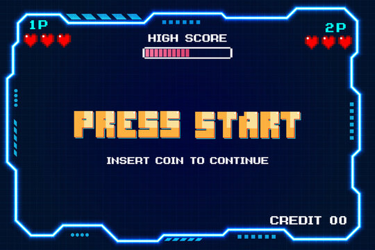 PRESS START arcade game screen features a retro 8-bit pixelated style, complete with blue grid interface, health bar, high score bar, and keystroke text. It's perfectly suited for classic retro game U