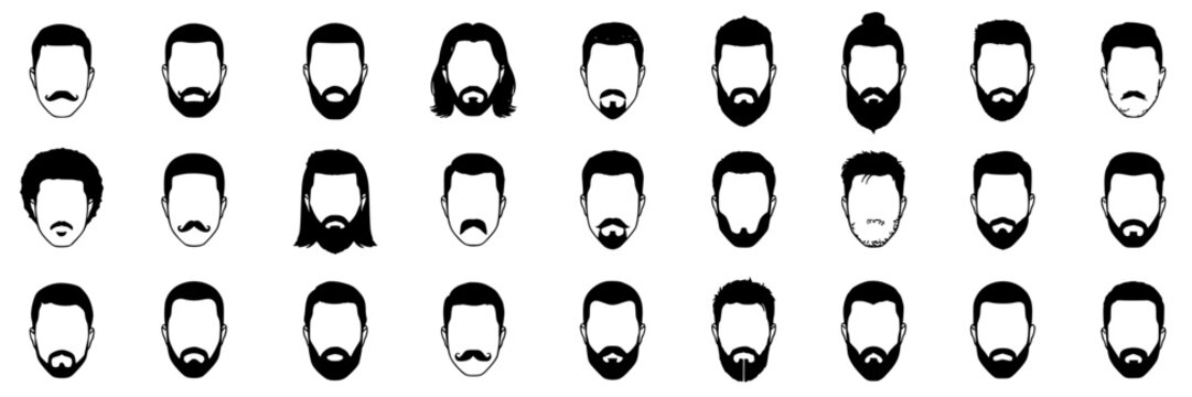 Heads with Various Hairstyles and Beards in Black and White Vector Illustration Featuring Facial, Hair, Beard with Mustache