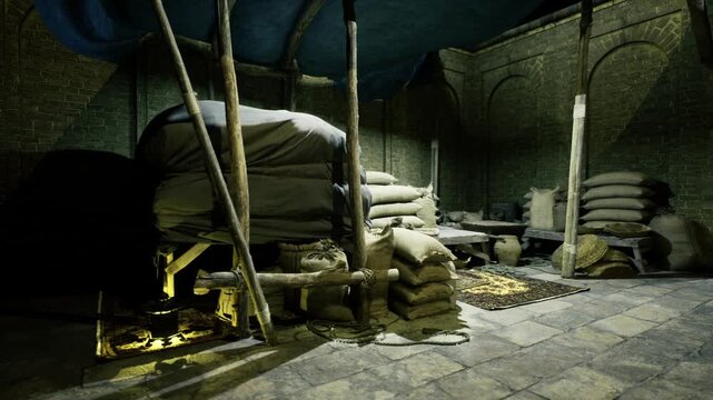 Stacks of grain among warm lantern glow and wooden beams. Traditional wheat bales illuminated softly with rustic wooden structures and shadows