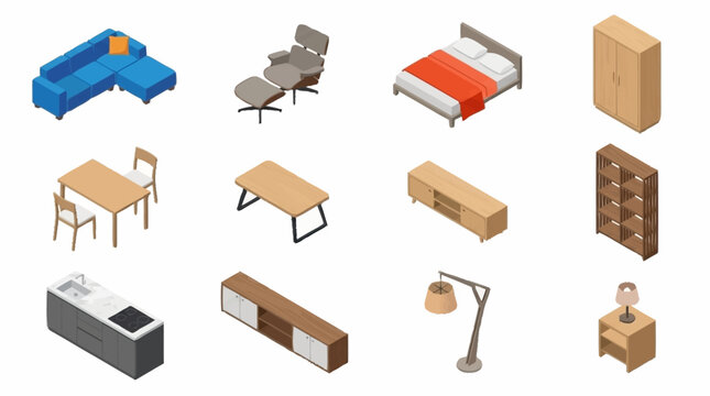 Colorful Isometric Furniture Set for Modern Interiors.
