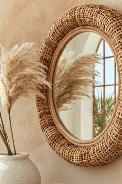Round rattan frame mirror reflecting pampas grass in a vase against a warm terracotta wall with a window view in a bright interior setting