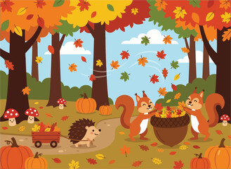 Fototapeta premium Cute squirrels and hedgehog in autumn forest. Fall animals gathering leaves. Kids art.