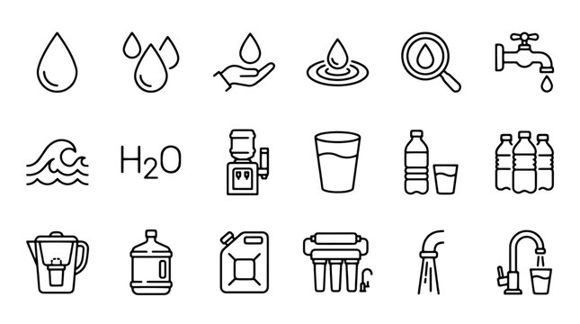 Water, H2O, Hydration Icons, 20 Line Icons, Waterdrop, Liquid, Drink, Refreshment, Water Supply