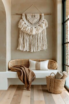 Boho entryway corner featuring a woven rattan bench with decorative pillows, a macrame wall hanging, and a basket of rolled towels in a stylish interior setting