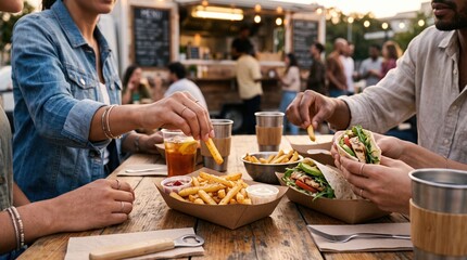 Friends sharing casual outdoor food © Bohdan
