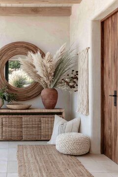 Boho entryway featuring warm ochre limewash walls, rattan furniture, a round mirror, and decorative elements like pampas grass and woven wall art