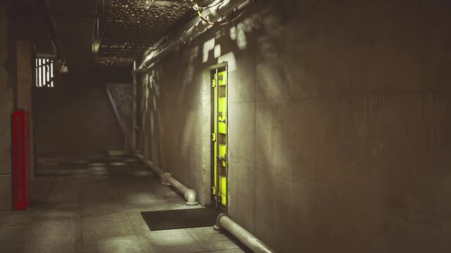 Lonely underground walkway highlighted by yellow safety ladder and red posts, textured concrete surfaces and overhead piping create tense industrial mood,