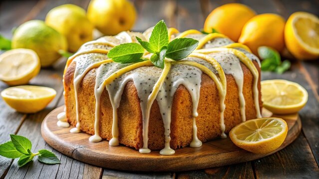 Lemon poppy seed cake with glaze and fresh lemons