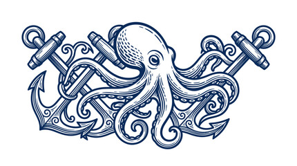 An octopus entwines itself around two anchors in a classic nautical scene. © arjunaa.art