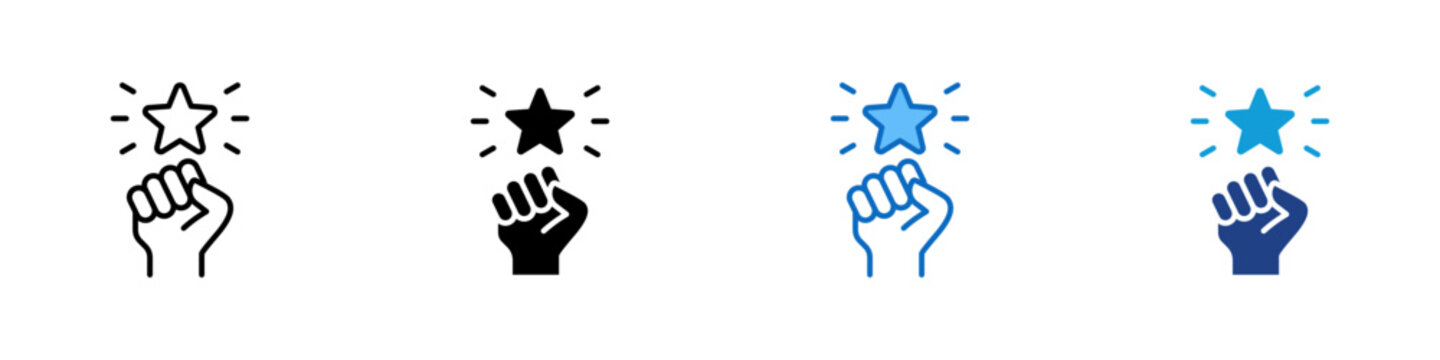 Empowerment Excellence Multiple Style Icon Design Vector - Raised fist with radiating star representing personal empowerment, motivational strength, and outstanding performance excellence