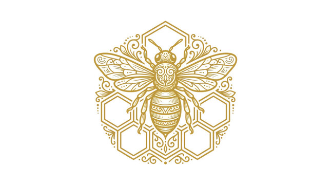 Vintage engraving depicts a bee hovering above ornate honeycomb in classic tattoo style