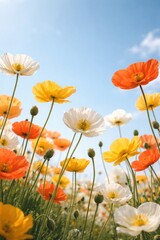 Fototapeta premium Vibrant poppies in orange, yellow, and white under a clear blue sky.
