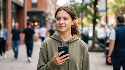 Fototapeta premium Young woman holding smartphone outdoors