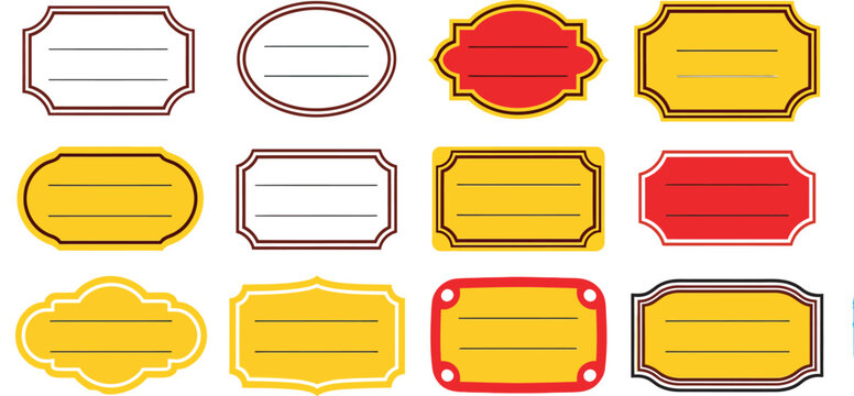Printable label template vector set, collection featuring blank label outlines, tag shapes, sticker templates, and customizable packaging labels ideal for branding, product packaging, 