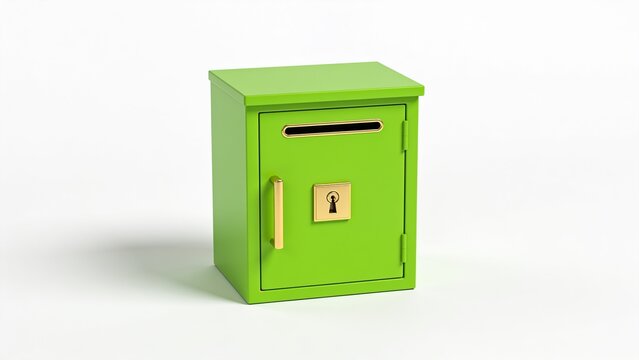 The green mailbox sits on a surface with a slot on top.