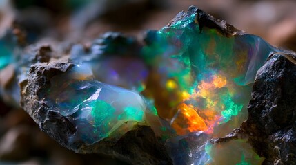 Obraz premium A stunning close up of a natural opal mineral displaying vibrant rainbow like color play against dark rocky matrix