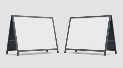 Fototapeta premium Minimalist sidewalk sign mockup with black metal frames, blank white sandwich board displays for retail advertising, outdoor pavement sign set