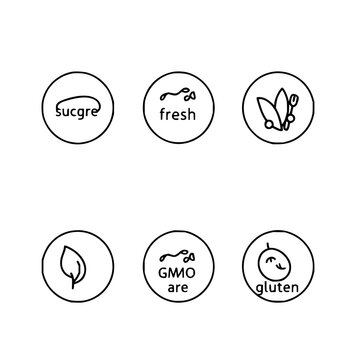 Dietary label icons set with six circular icons arranged in a 3x2 grid featuring sugar-free, fresh, lactose-free, vegan, GMO-free and gluten-free with black and white line art and flat design