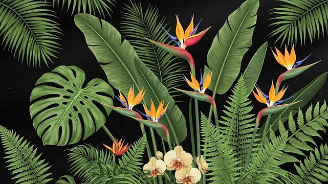 A vibrant arrangement of tropical flowers and lush green foliage against a dark background