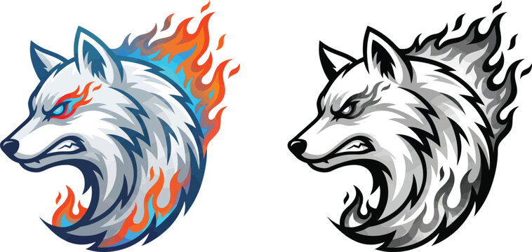 A fierce wolf head with flames erupting from its mane and neck, depicted in both a colorful and monochrome style.