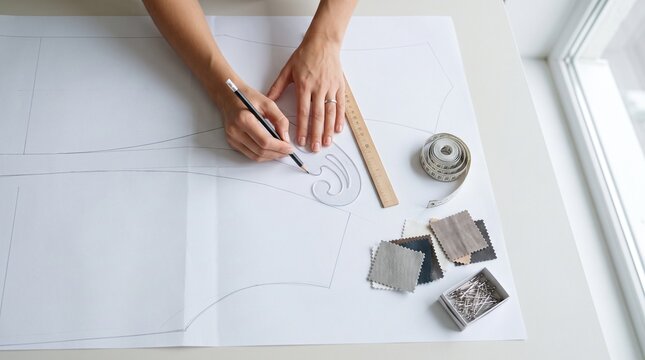 Pattern drafting, Curved garment lines on paper, French curve ruler and pencil, Technical fashion flat lay, Professional patternmaking