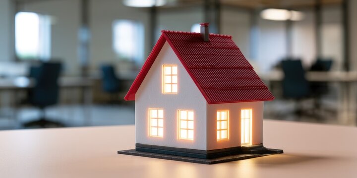 Small illuminated house model sits on a desk in a blurry office