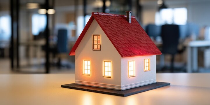 Miniature house with illuminated windows sits on a table in an office