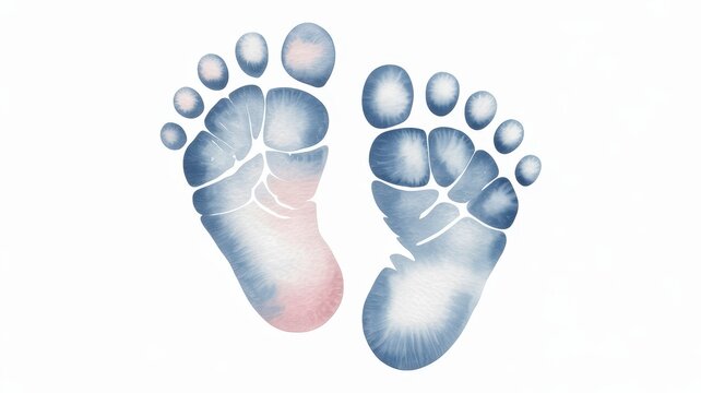 Watercolor baby footprints in blue and pink, soft newborn feet ink prints on white background, nursery art illustration for baby shower