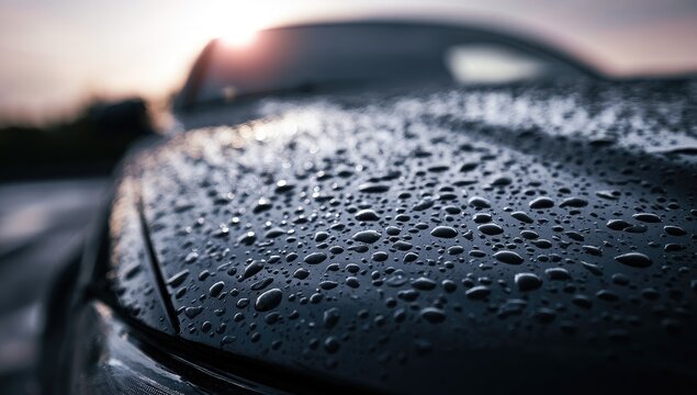 Close-up on car hood covered in rain drops, sunset light