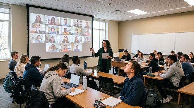 Professor leads hybrid class with students in person and online via video conference on large screen