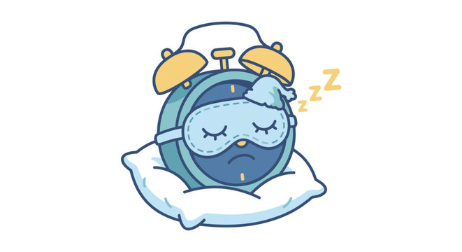 A cartoon alarm clock sleeps peacefully on a pillow.